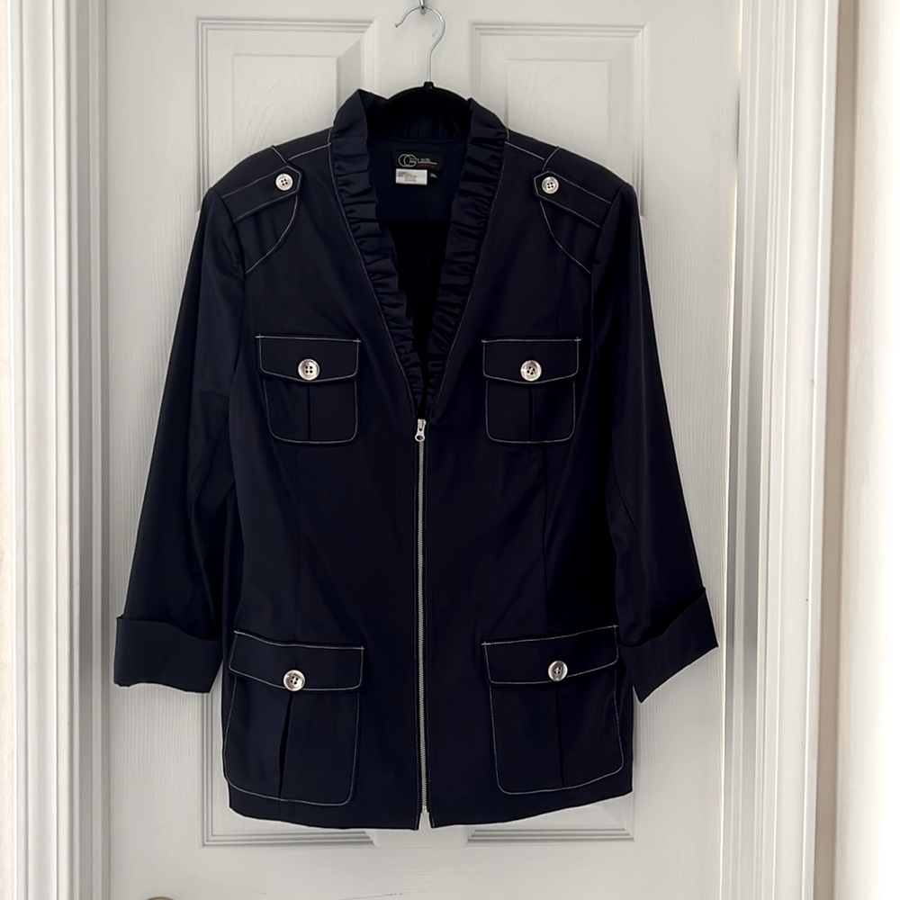 Navy Blue Zip up Blazer. Cotton, Nylon and Spandex.